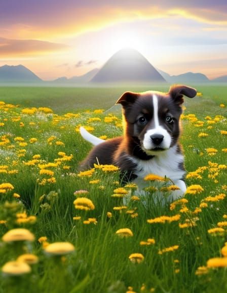 Puppy's Joyful Romp in Floral Meadow: Digital Art