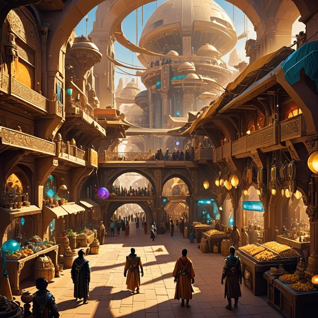 Futuristic Desert Bazaar with Adventurers, Digital Matte Pai...