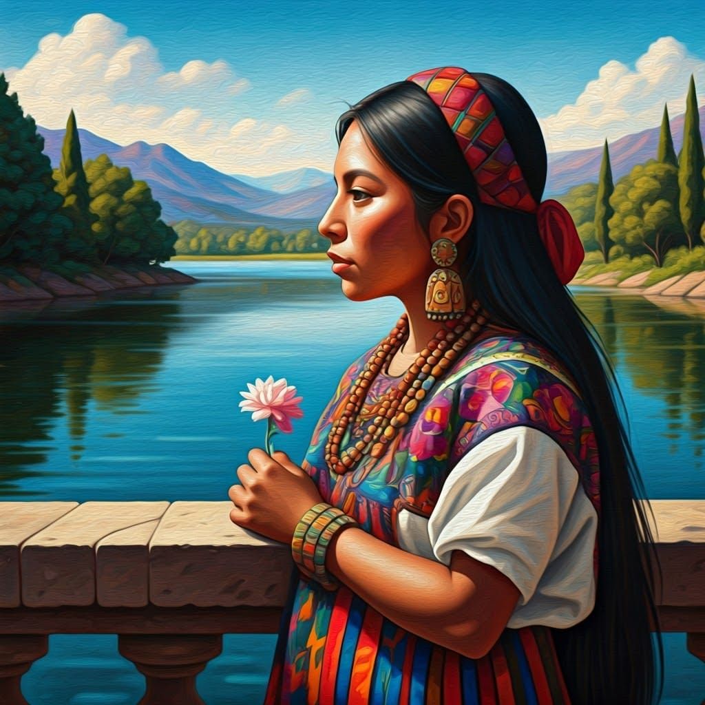 Aztec Woman in Folk Art Style with Oil Painting Nuances