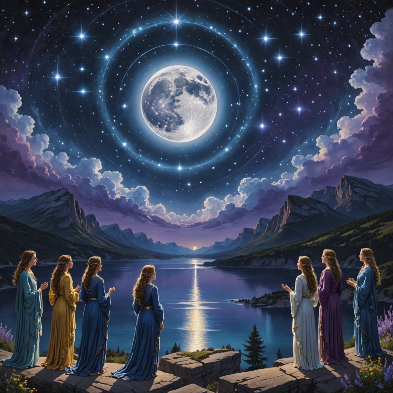 Moon and Pleiades Celestial Artwork