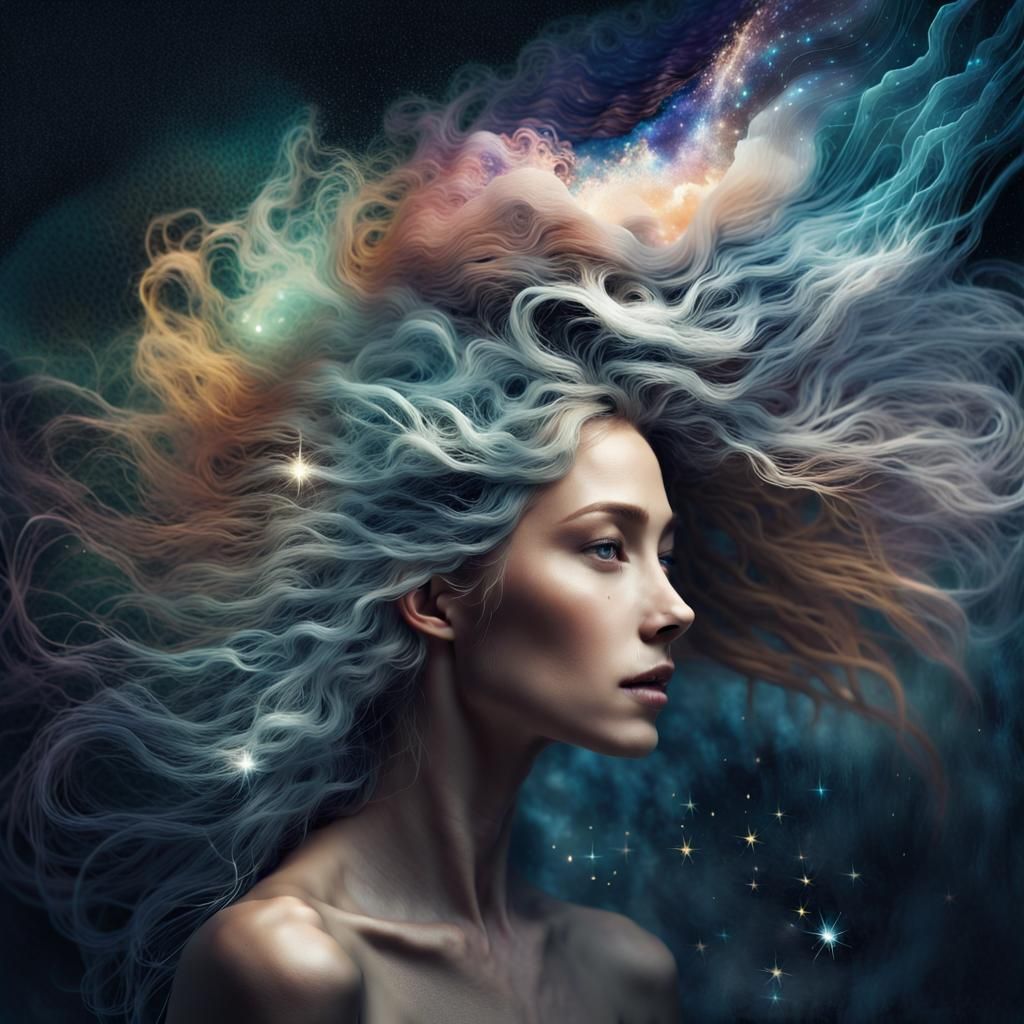 Surreal Double Exposure Portrait of Woman with Galaxy Eyes