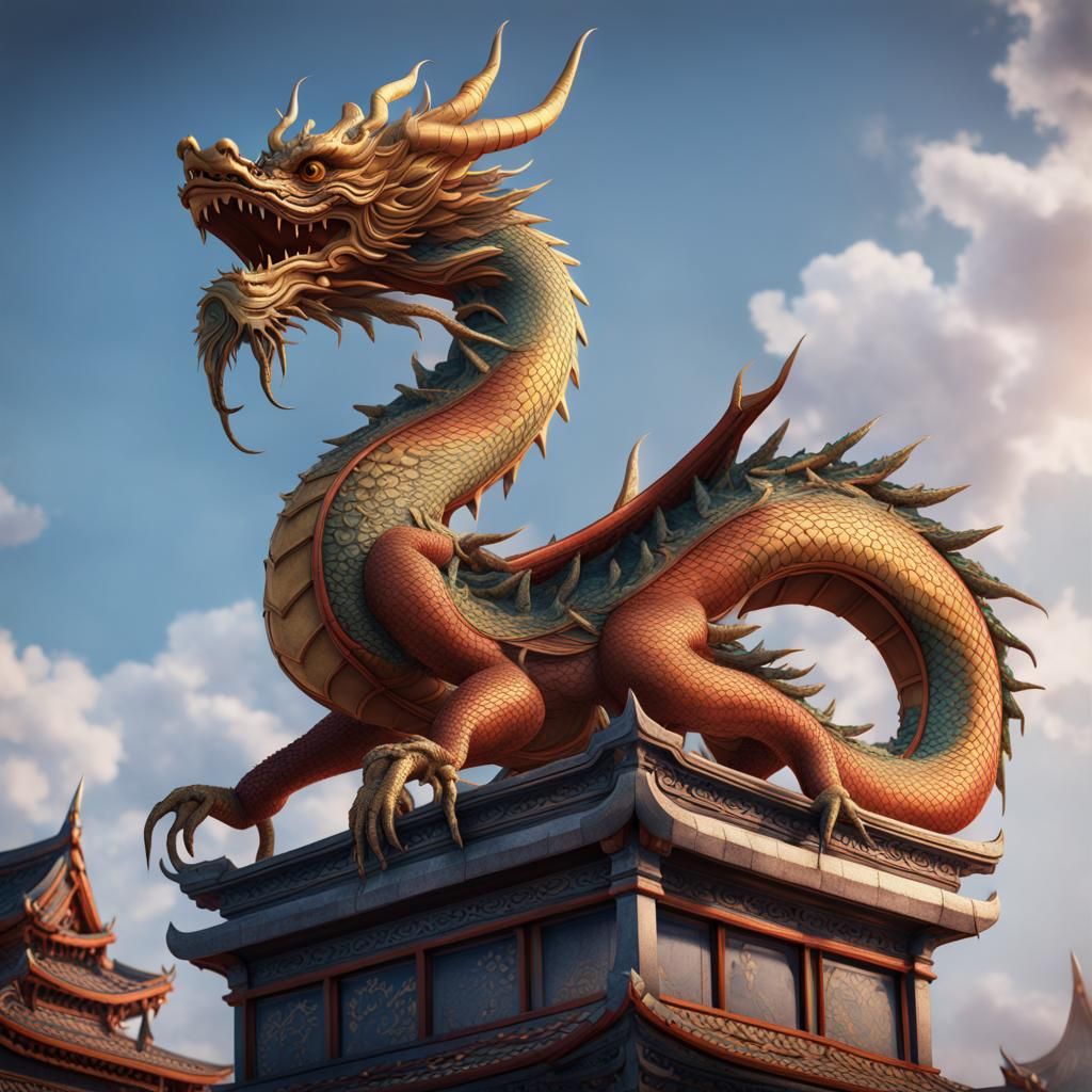 Oriental Dragon Statue on Temple: Fantasy Concept Art