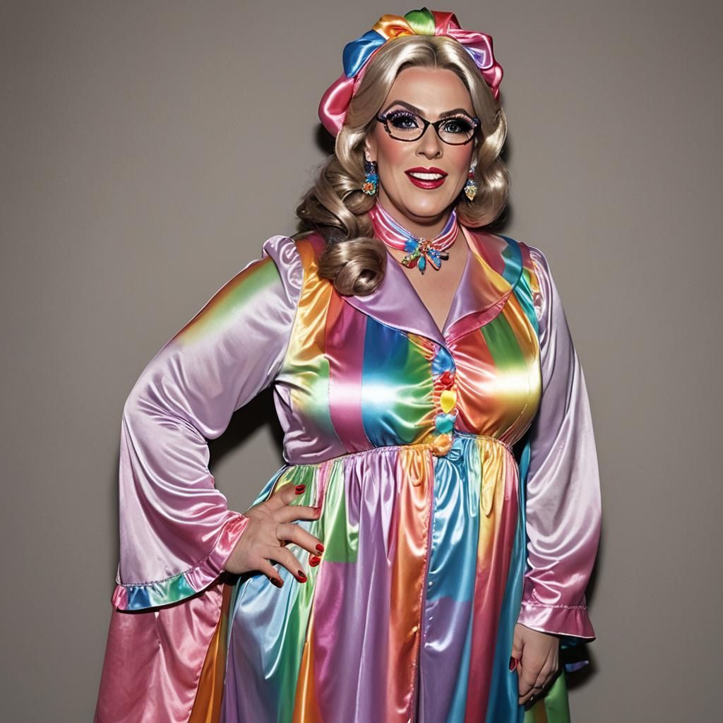 Sensual Big Beautiful Woman BBW Lady Wearing Long Sleeve Rainbow Satin Modest Nightgown.