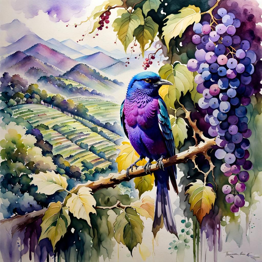 Violet-Backed Starling Bird in Vineyard Watercolor Painting