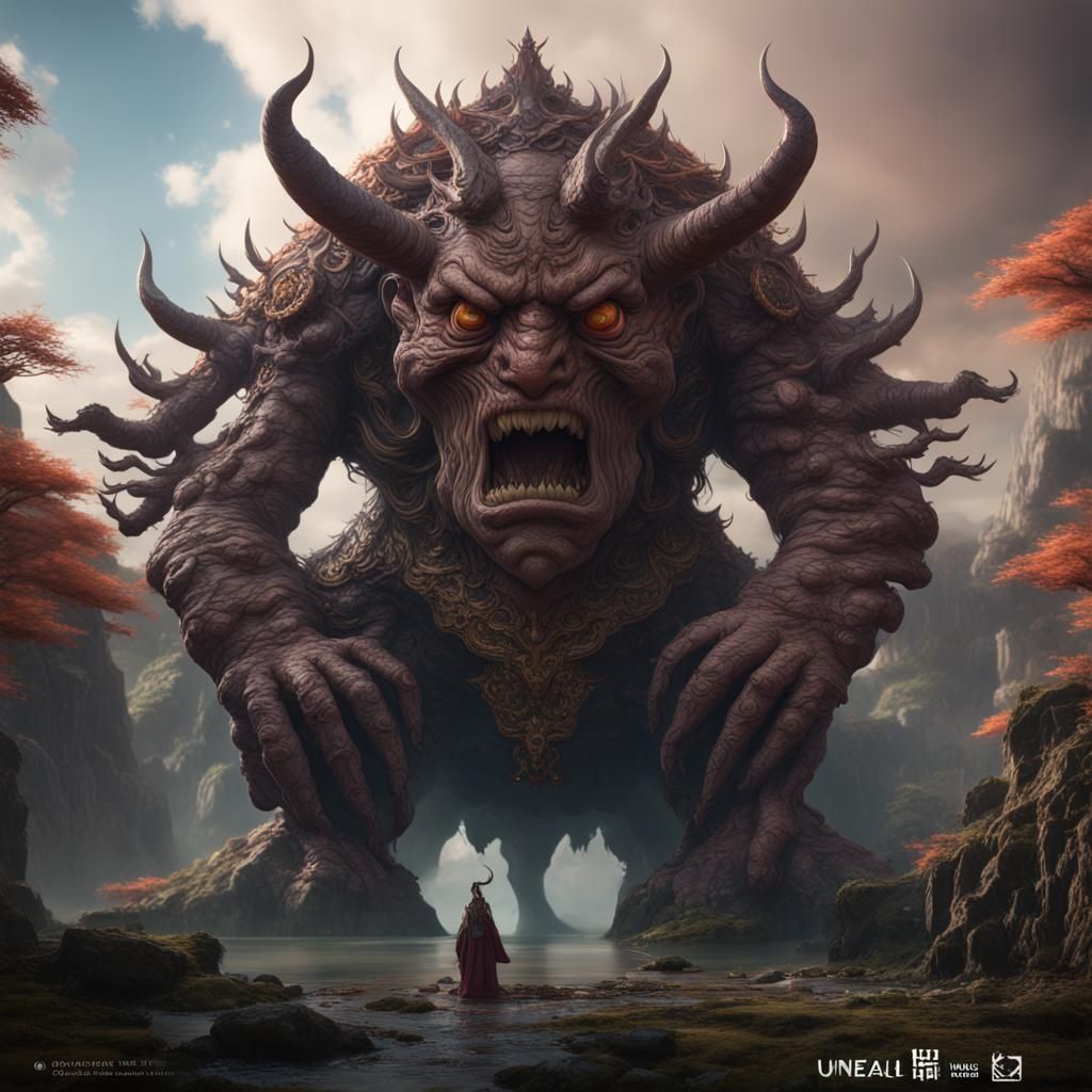 Haradashi Creature with Giant Face, Detailed Digital Art