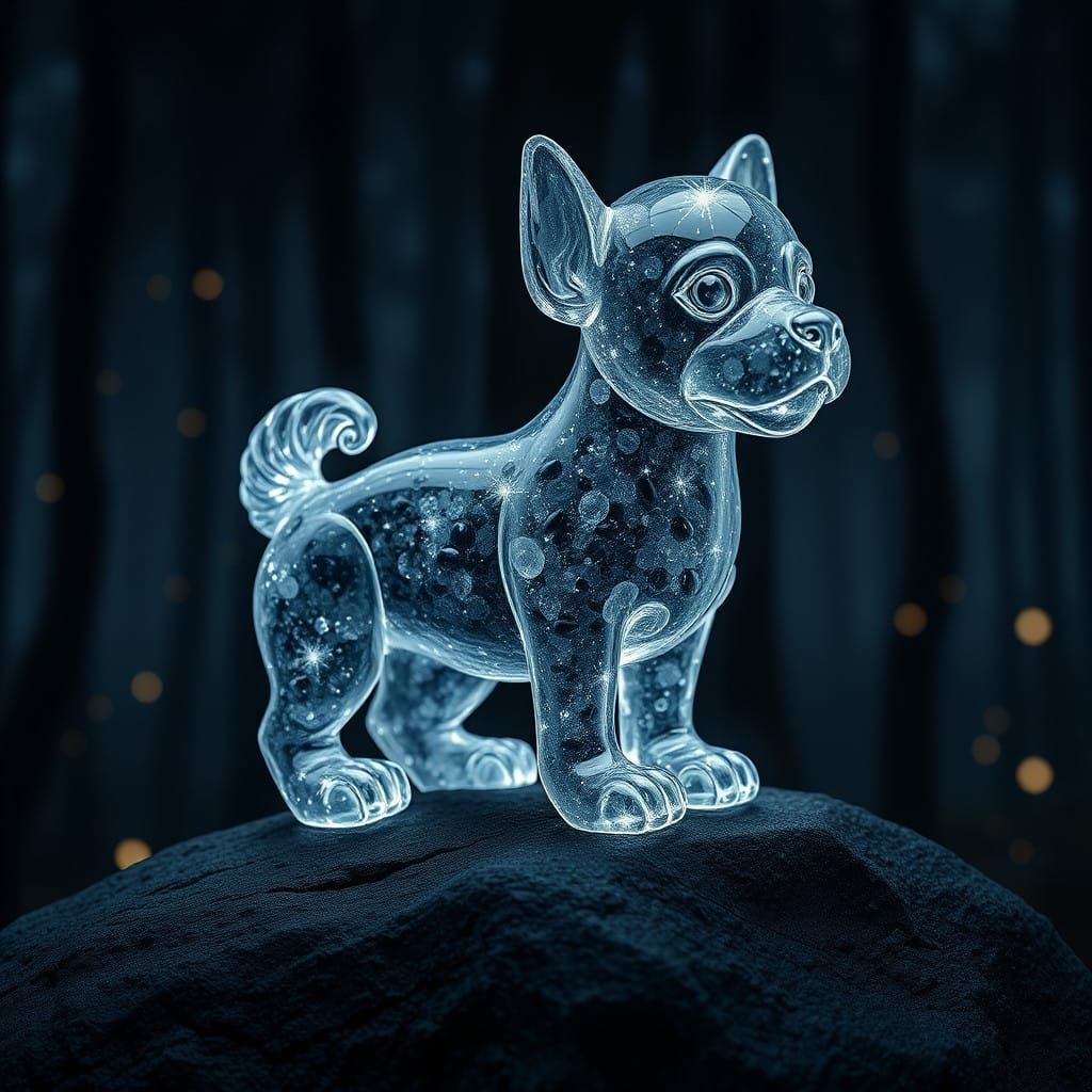 Hyper-Realistic Crystal Dog in Enchanted Night Forest