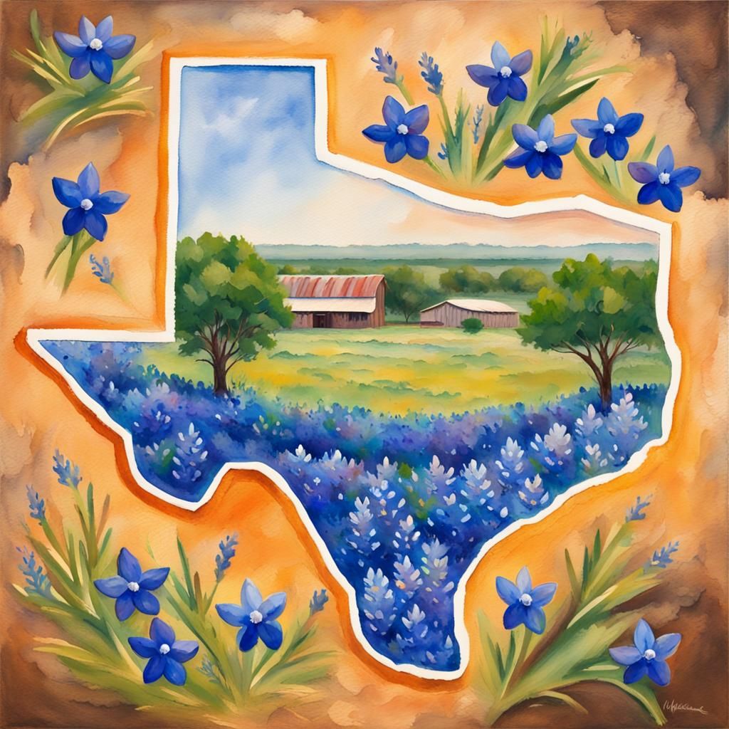 Texas State Shape in Gouache Watercolor Style
