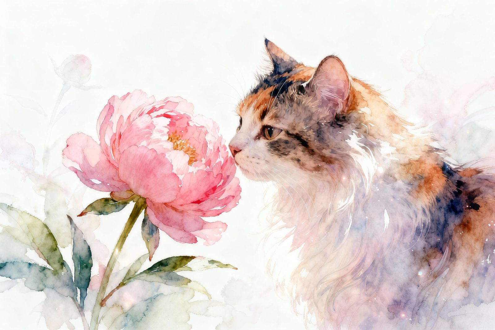 Fluffy Cat Sniffs Vibrant Peony in Watercolor Style
