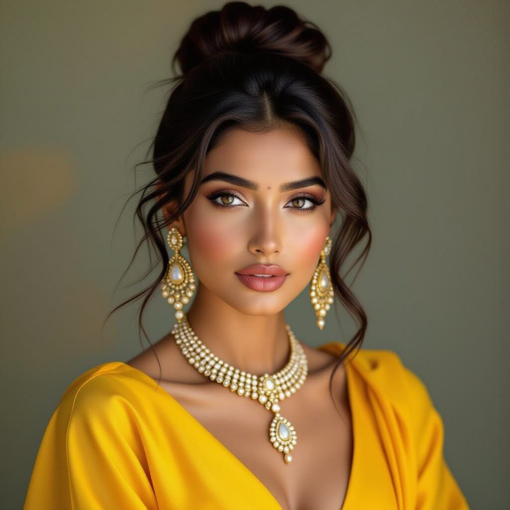 Beautiful Indian Woman in Yellow Outfit with Elegant Bun