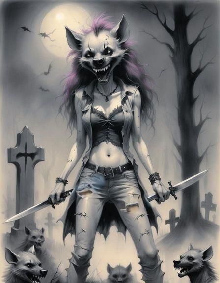Furry Hyena Warrior in Hellish Graveyard Sketch