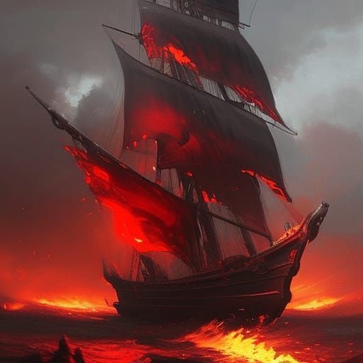 Black Fire Pirate Ship on the Open Sea