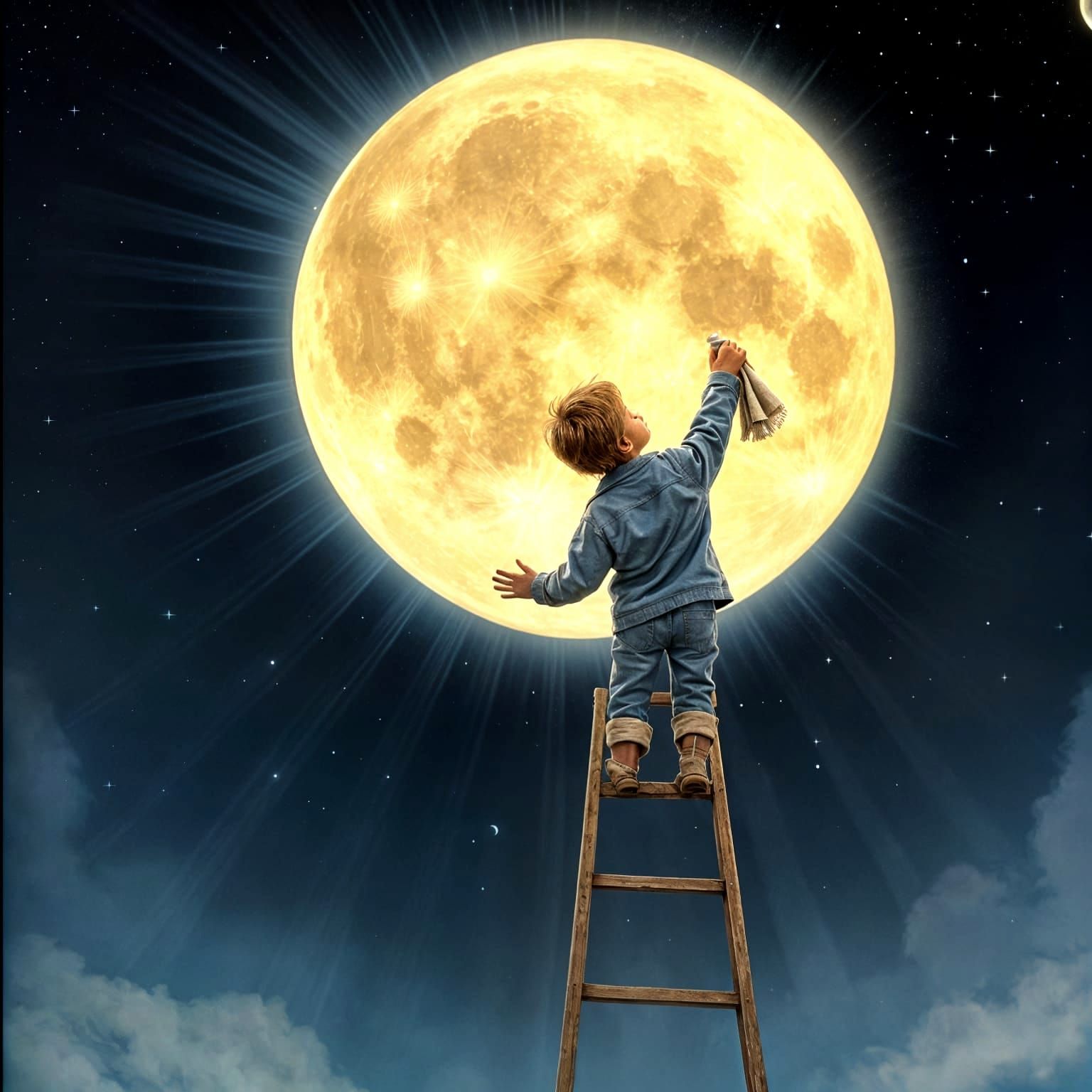 Boy Polishing the Moon in Fairy Tale Illustration