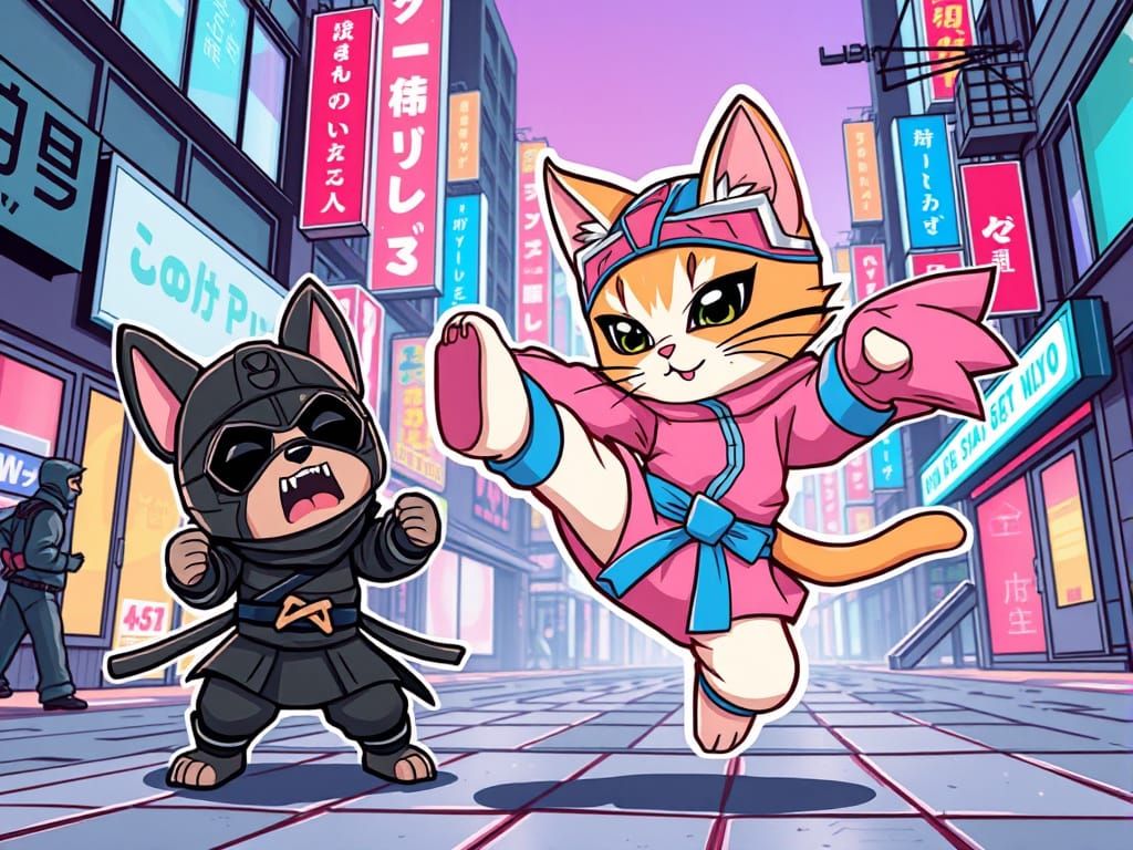 Kawaii Kitten Superhero's Karate Kick in Tokyo