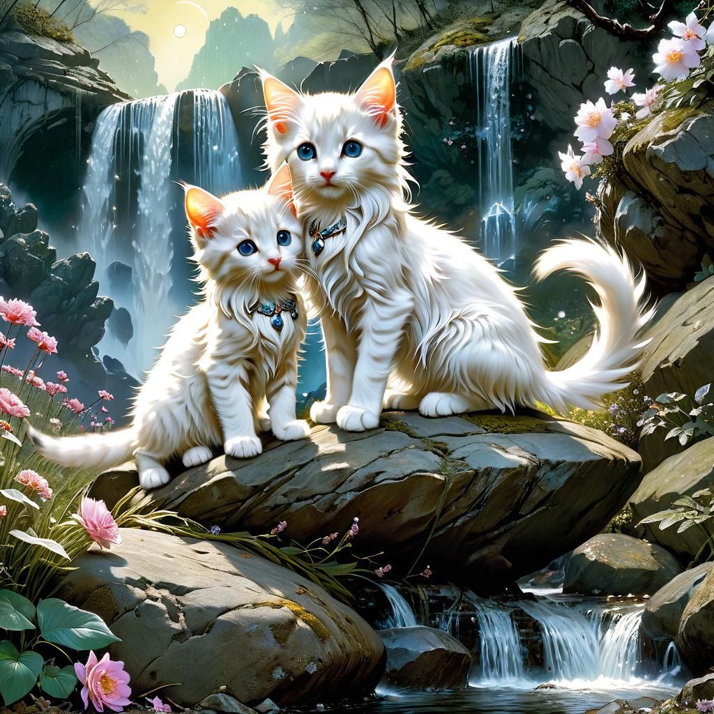 Fairytale Kittens Play in Moonlight Forest