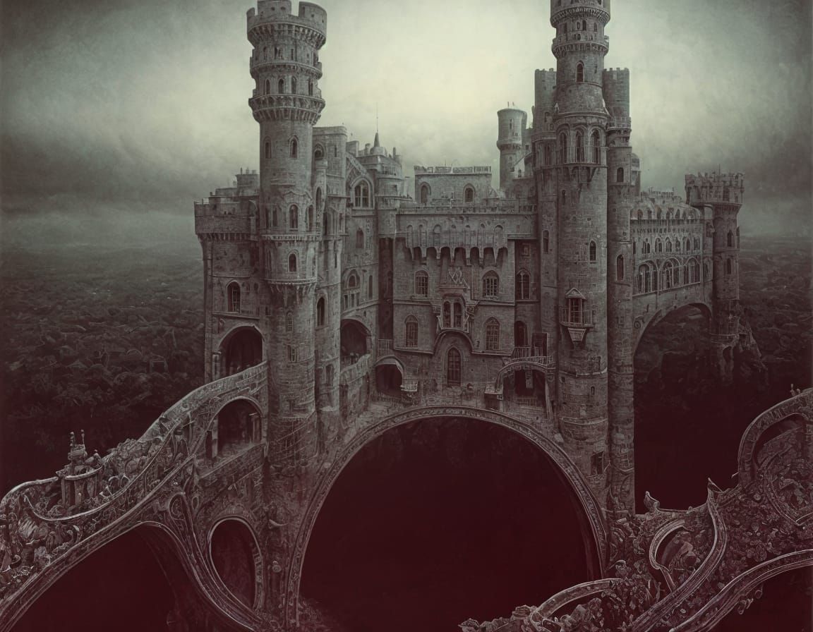 Surreal Castle with Drawbridges: A Dreamlike Painting