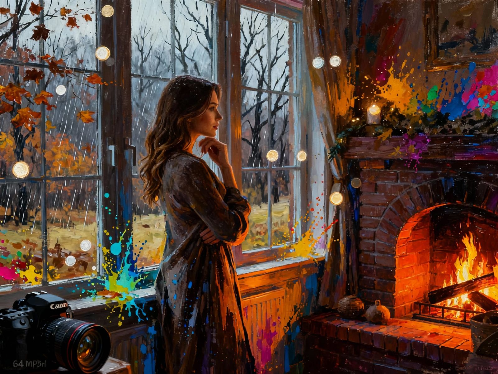 Woman Watches Autumn End by Fireplace in Cozy Room