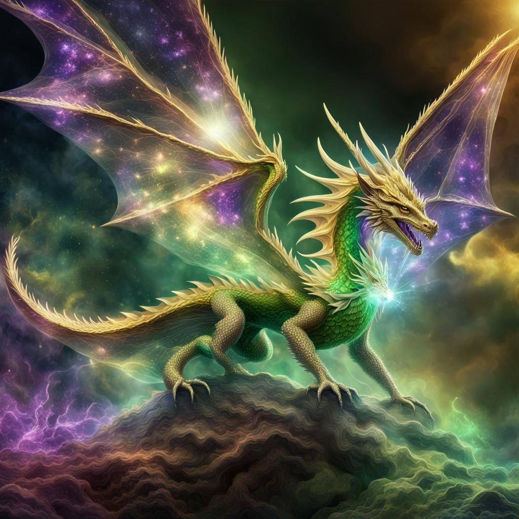 Mythical crystal dragon with delicate wings, rays of golden ...