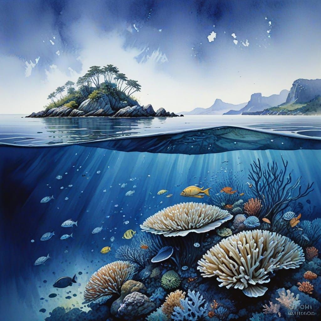 Isolated Island Scene in Watercolor