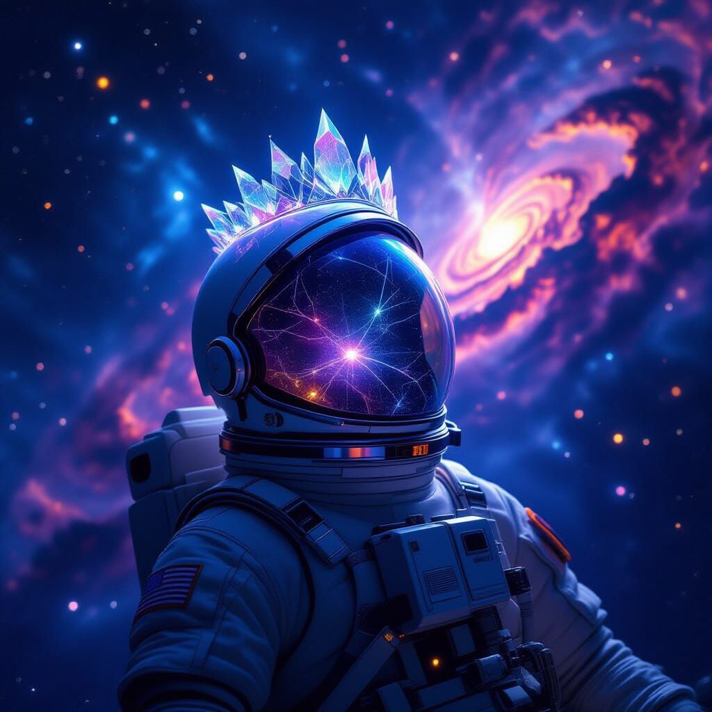 Astronaut Adrift with Crystalline Crown in Cosmic Nebula