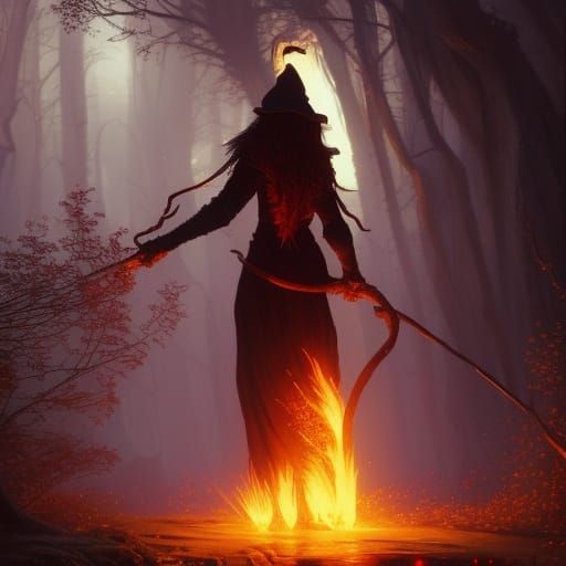 Witch Conjures Fire: Dark Fantasy Art