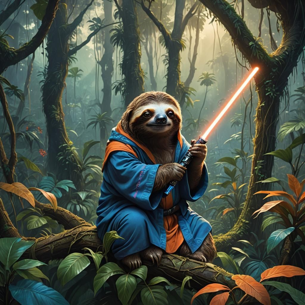 Sloth Jedi Knight in Jungle, Matte Painting