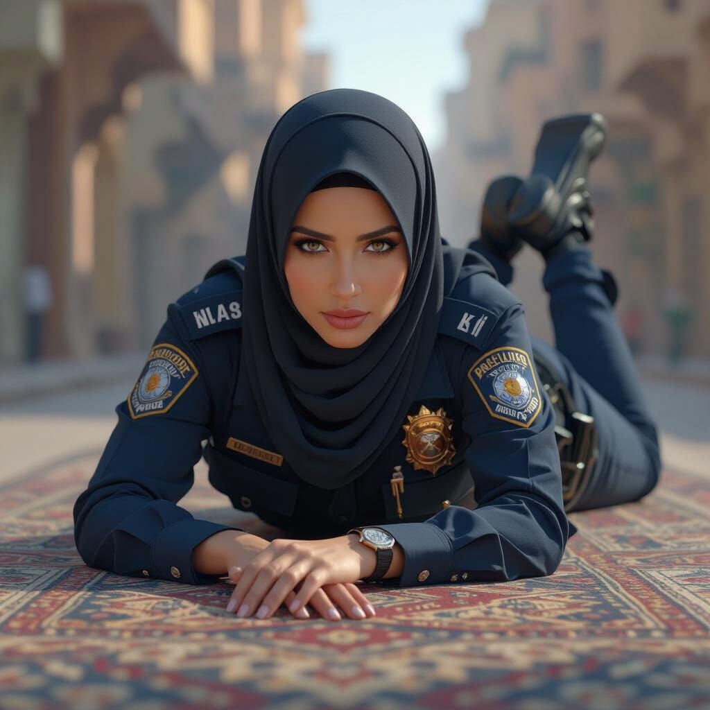 Arab Woman Police Officer with Bare Feet Facing Camera