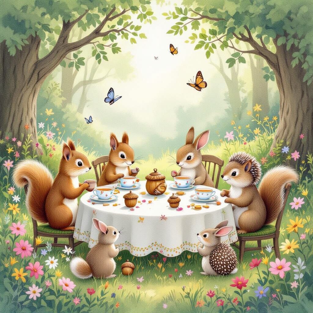 Woodland Creatures Tea Party in Watercolor Style