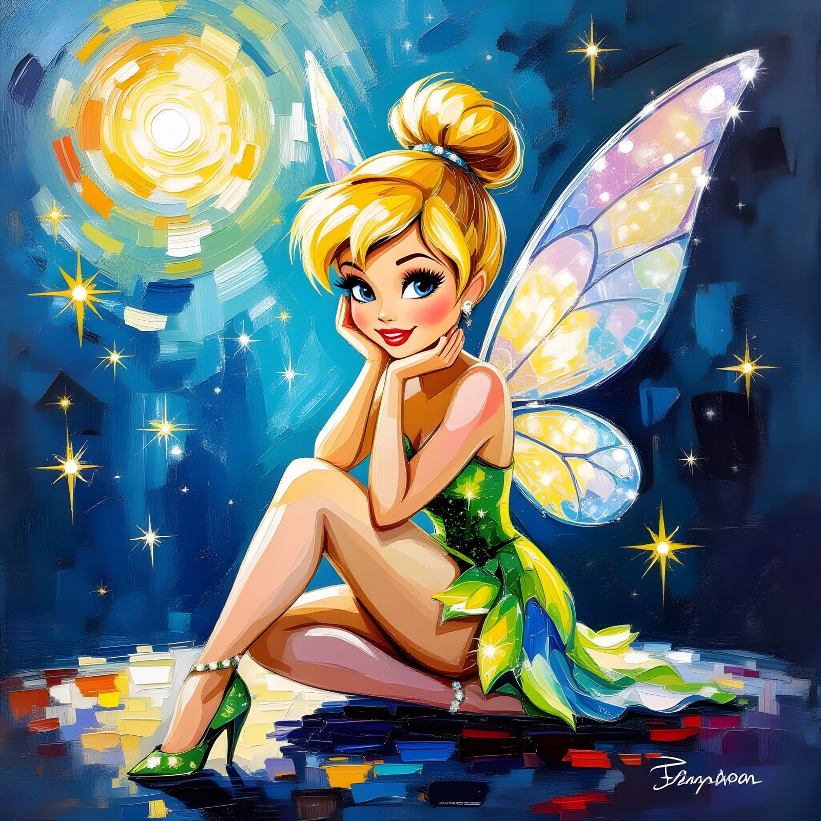 Glittery Tinkerbell Figurine in Textured Oil Painting Style