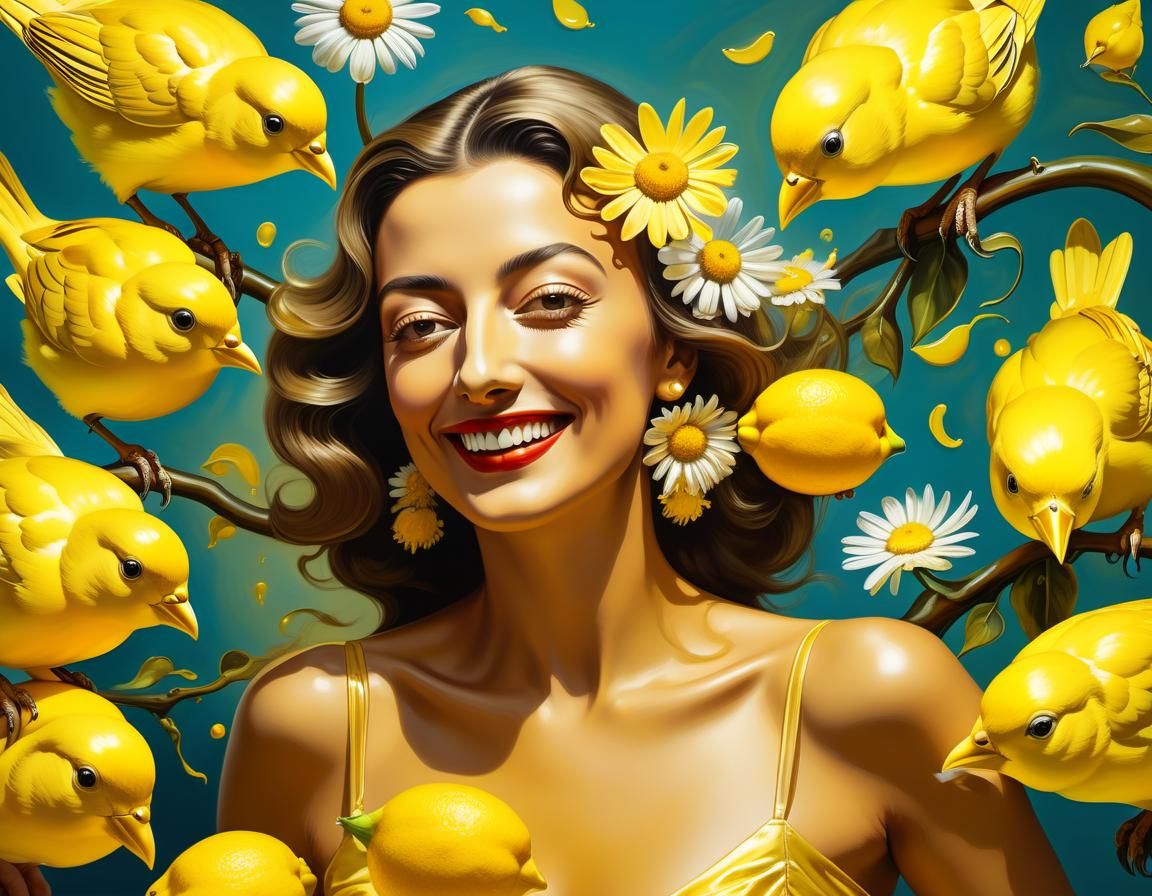 Surrealist Woman Dancing with Canaries and Lemons