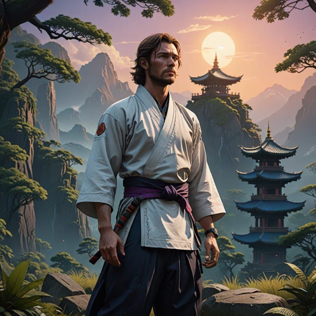 Athletic Martial Artist Stands in Mystical Mountain Temple