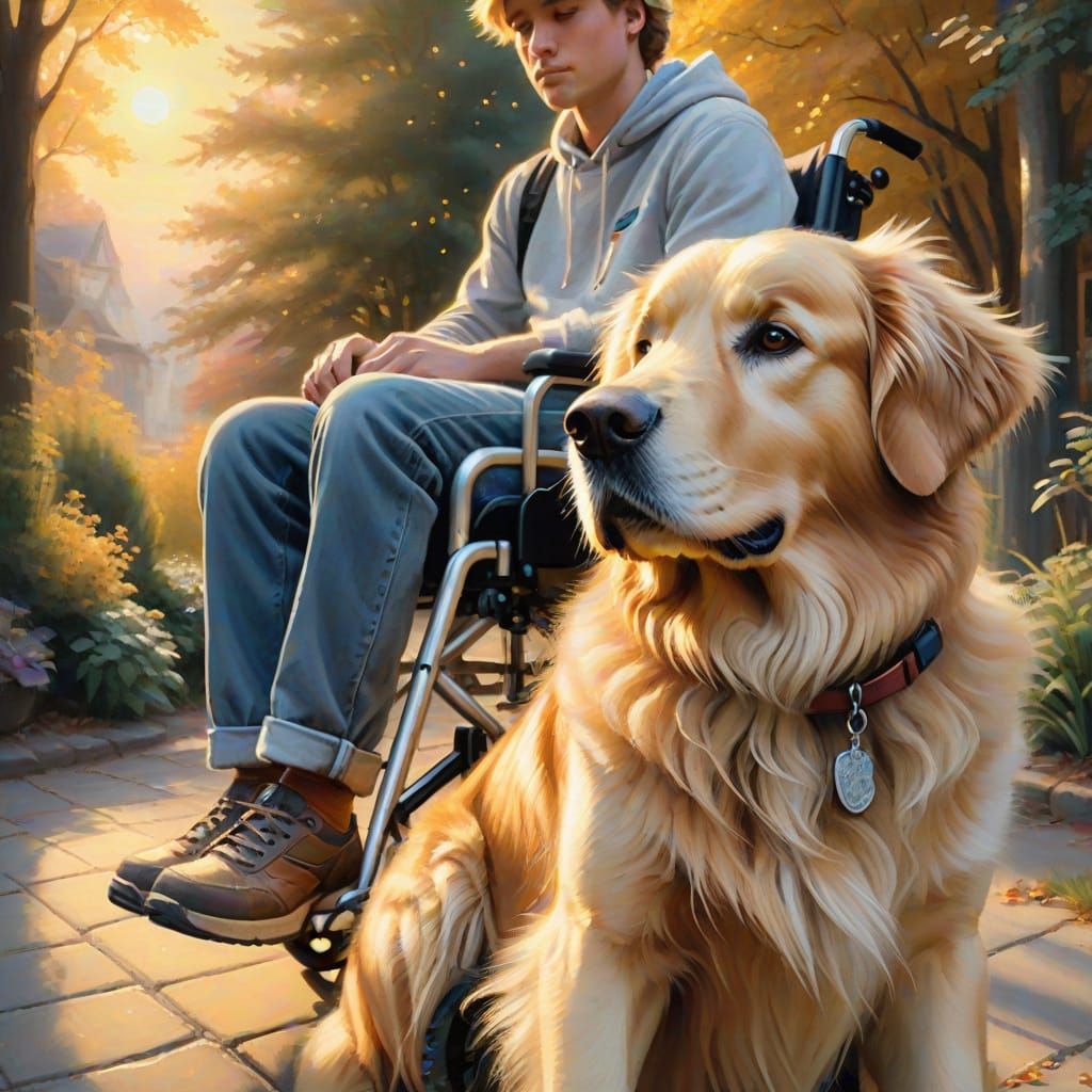 Golden Retriever with Person in Wheelchair, Gouache Style