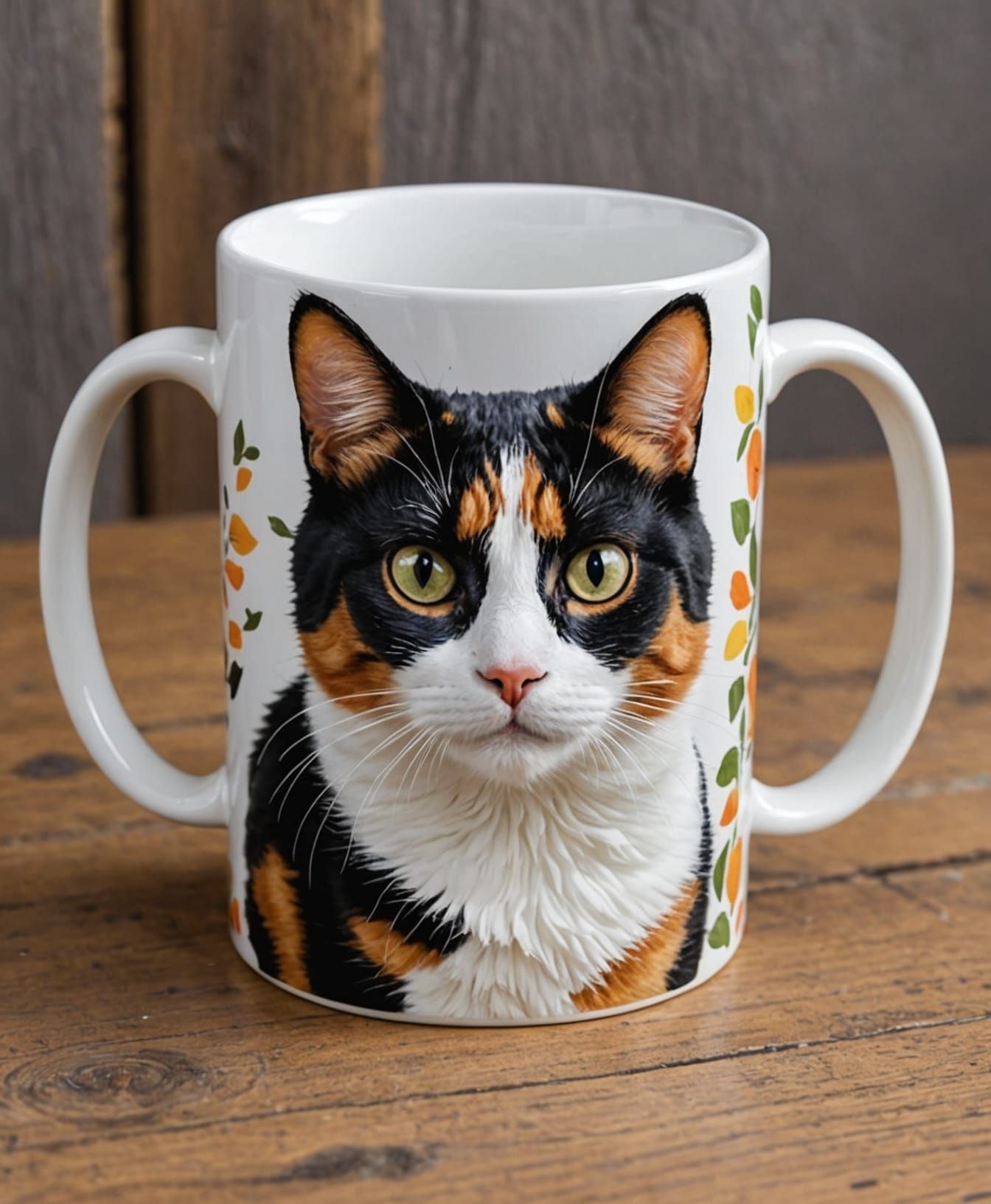Whimsical Calico Cat Ceramic Mug