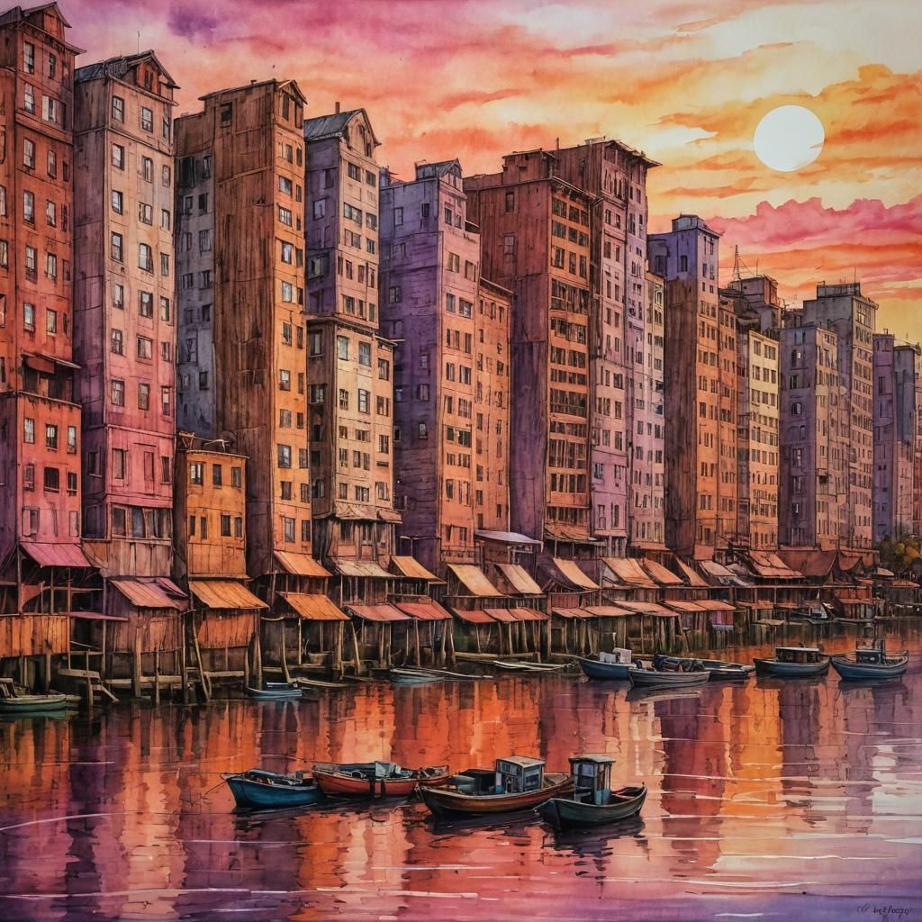 Detailed Sunset Rowhouses with Impasto and Ink