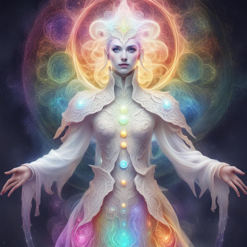 Glowing Being in Magical Multicolored Clothing