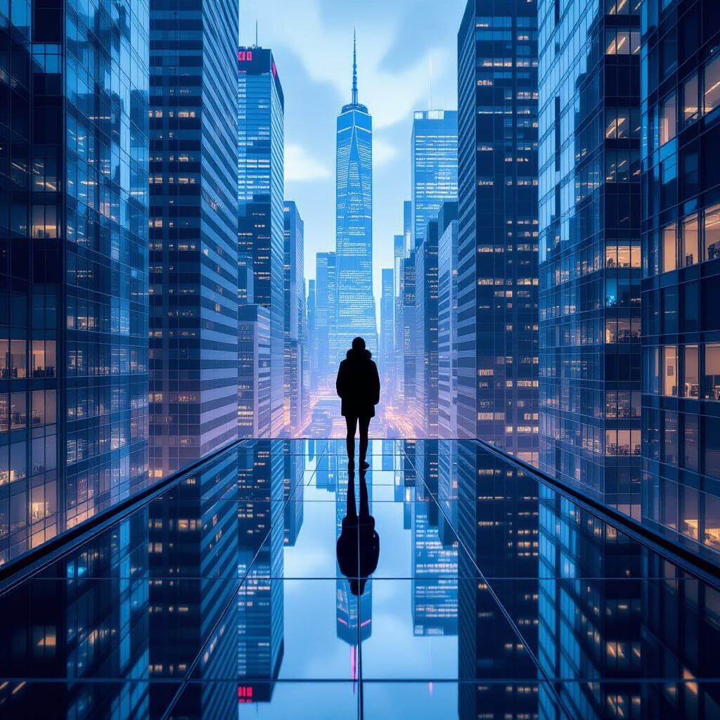 Architectural Vertigo: Mirrored Skyscrapers in Digital Art