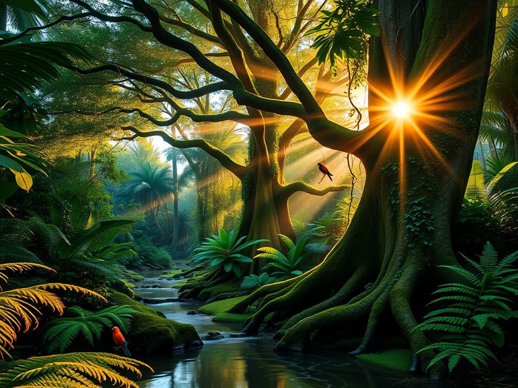 Golden Hour Jungle Sunrise: Lush Vegetation and Ancient Tree
