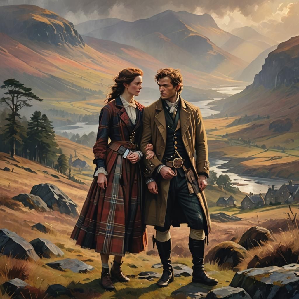 Claire and Jamie in Fauvist Highland Landscape