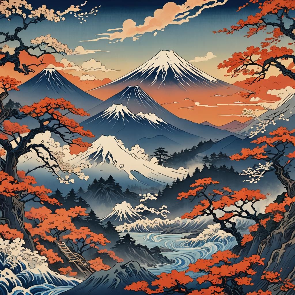 Mount Fuji Woodblock Print in Ukiyo-e Style