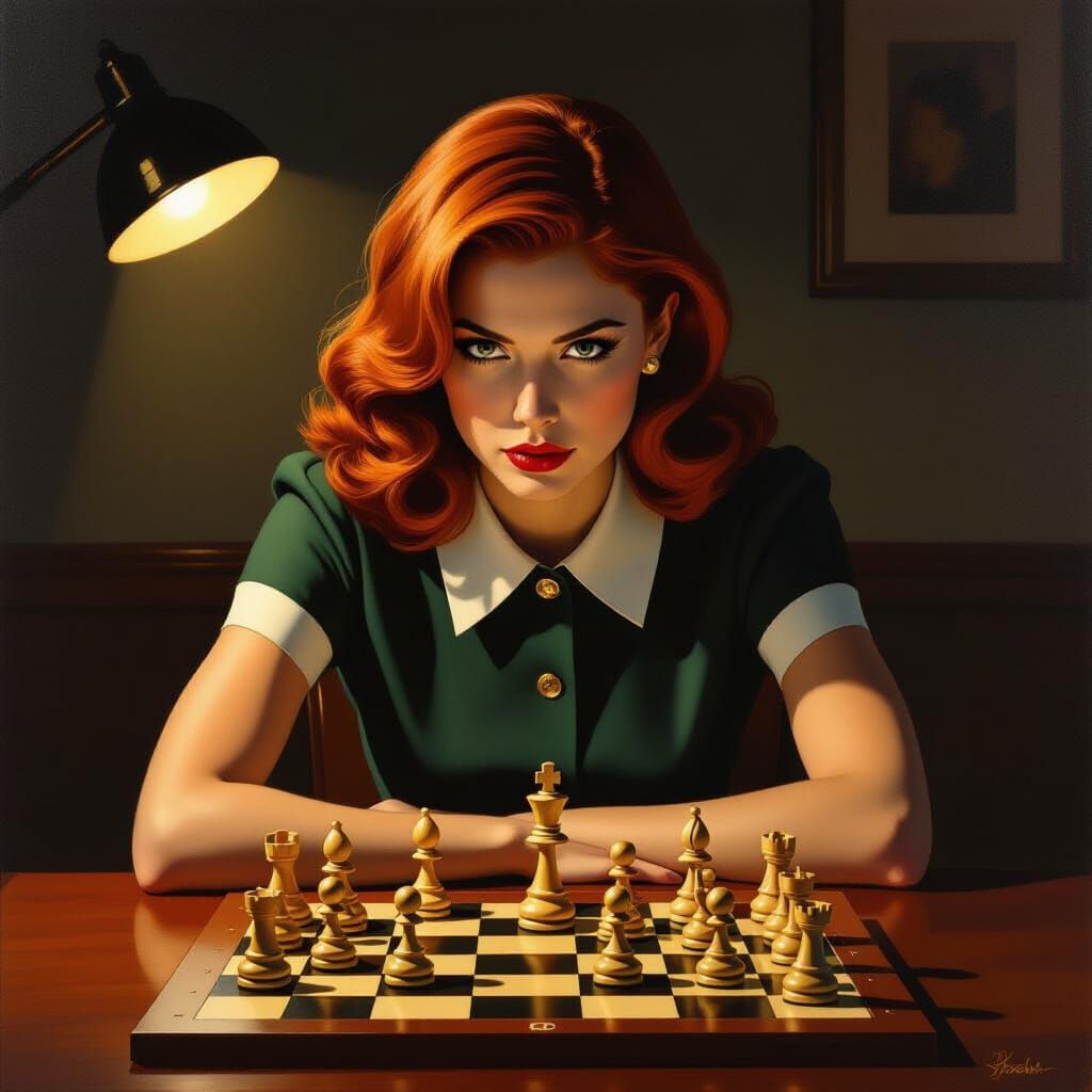 Focused Woman in 1960s Outfit Plays Chess