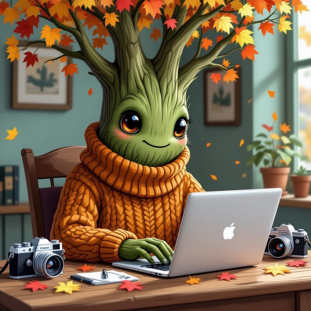 Cozy Tree Works on Apple Laptop in Whimsical Style