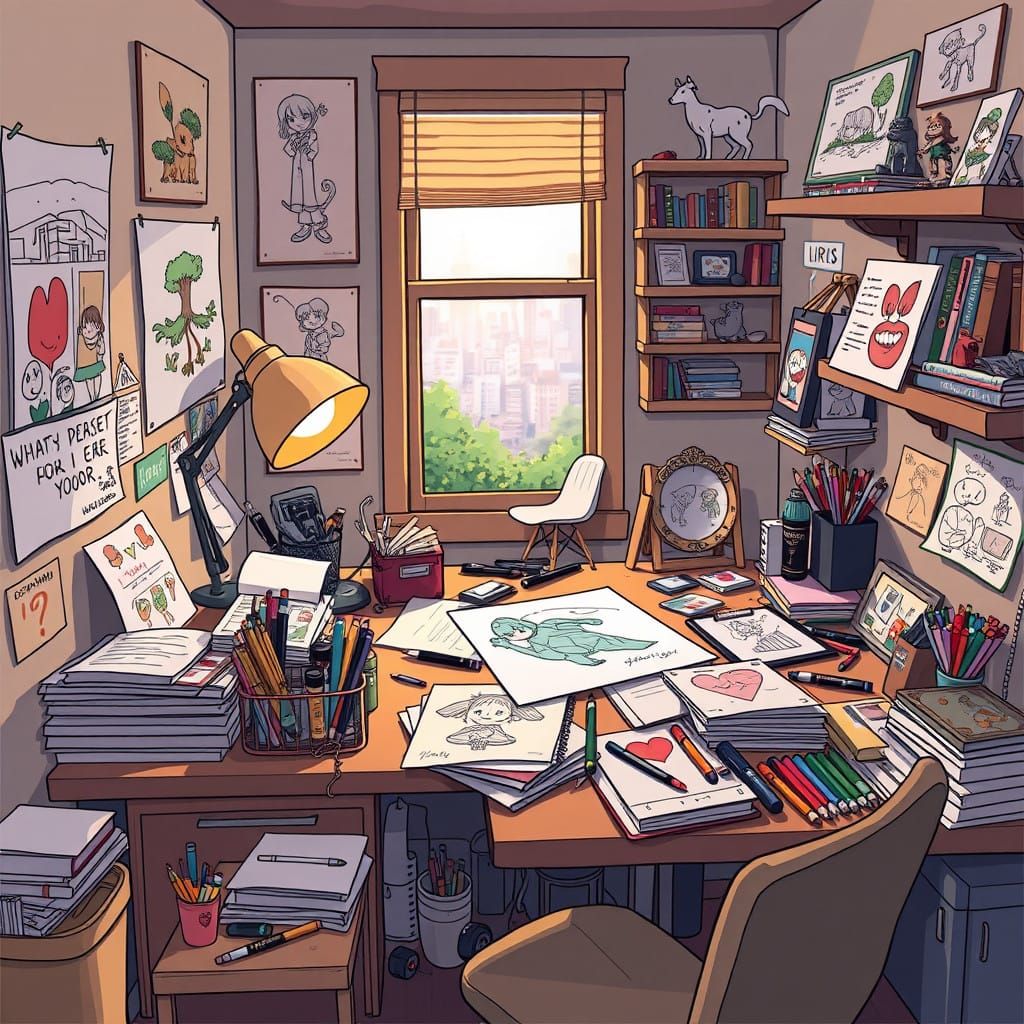 Cozy Cartoonist's Den with Vibrant Art Supplies and City Vie...