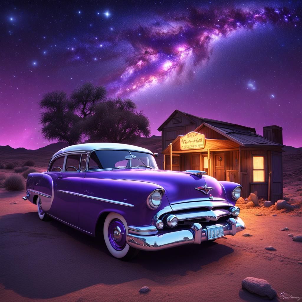 Vintage Car on Route 66 Under Milky Way