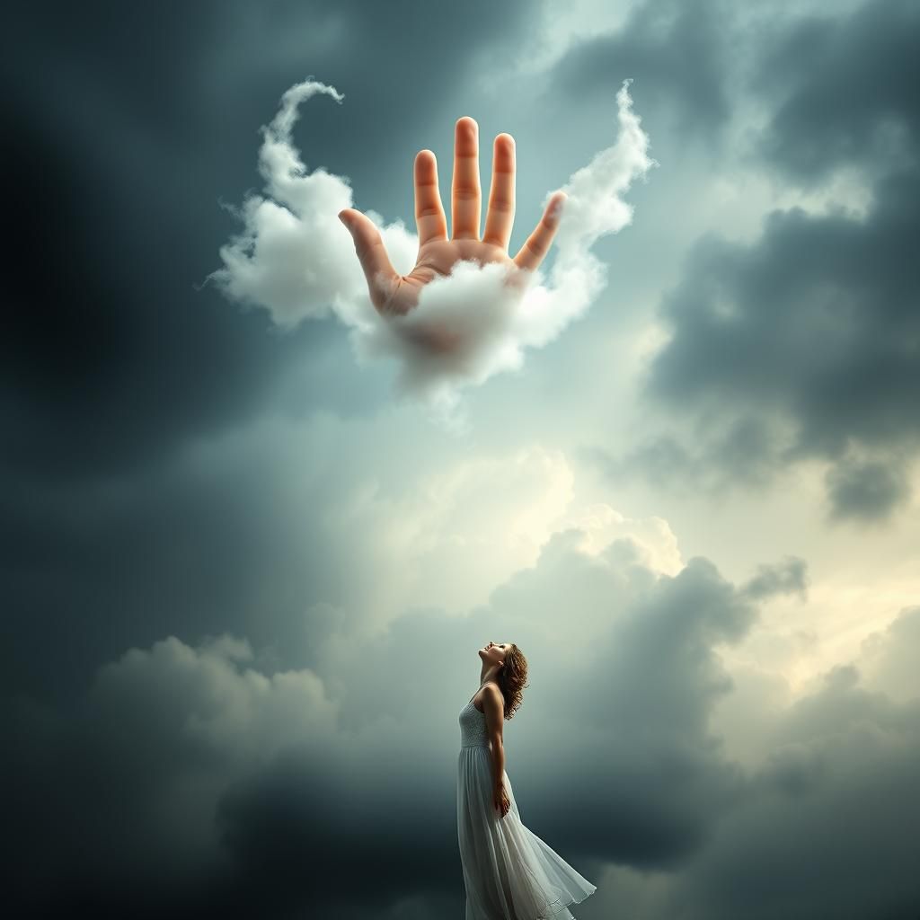 Ethereal Hand Reaches for Salvation in Stormy Sky