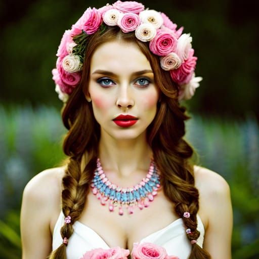 Princess with Curly Hair in Flower Garden