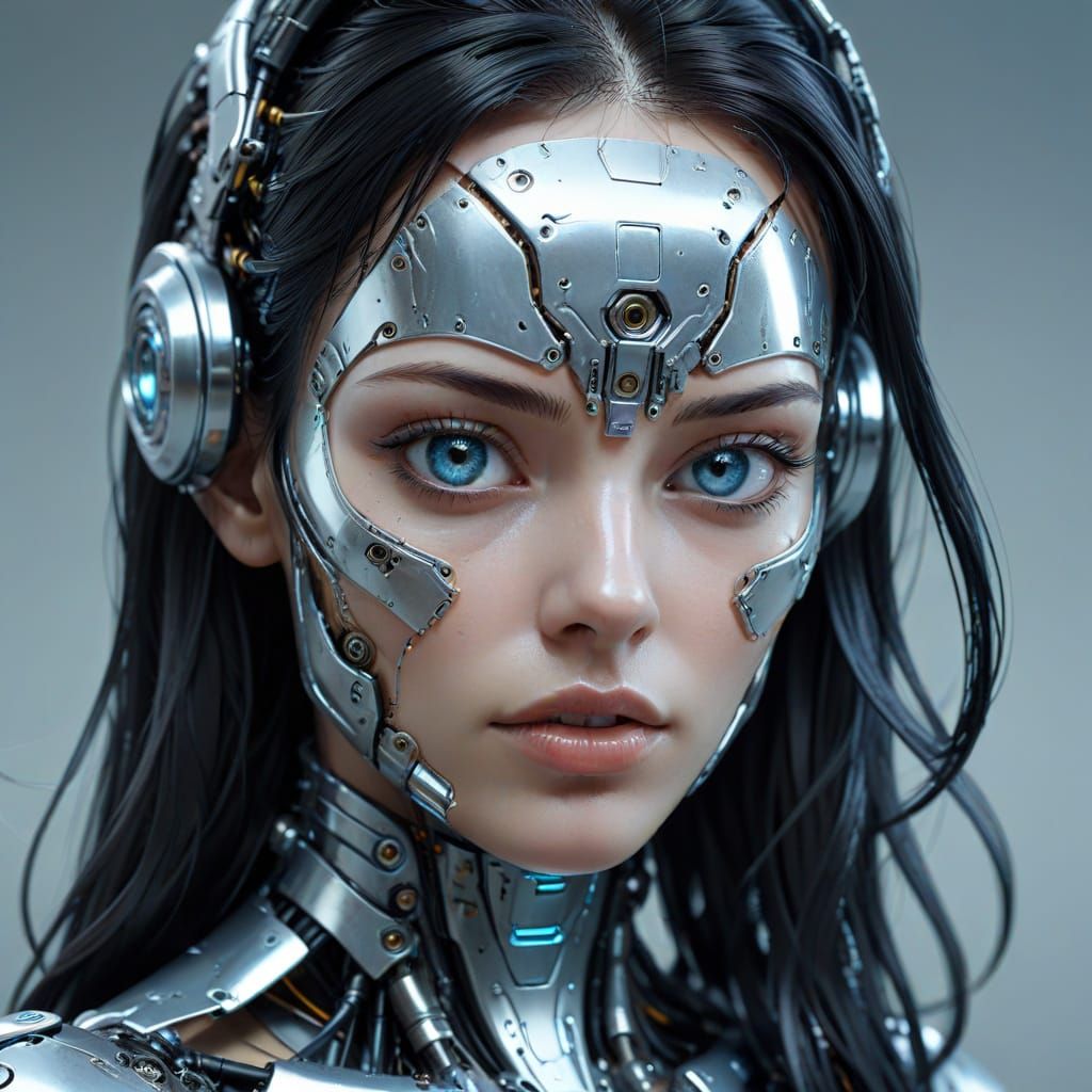 Futuristic Woman with Cybernetic Face in Metallic Hues
