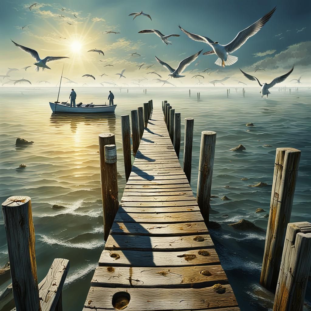 Atmospheric Jetty Scene with Anglers, Oil on Canvas