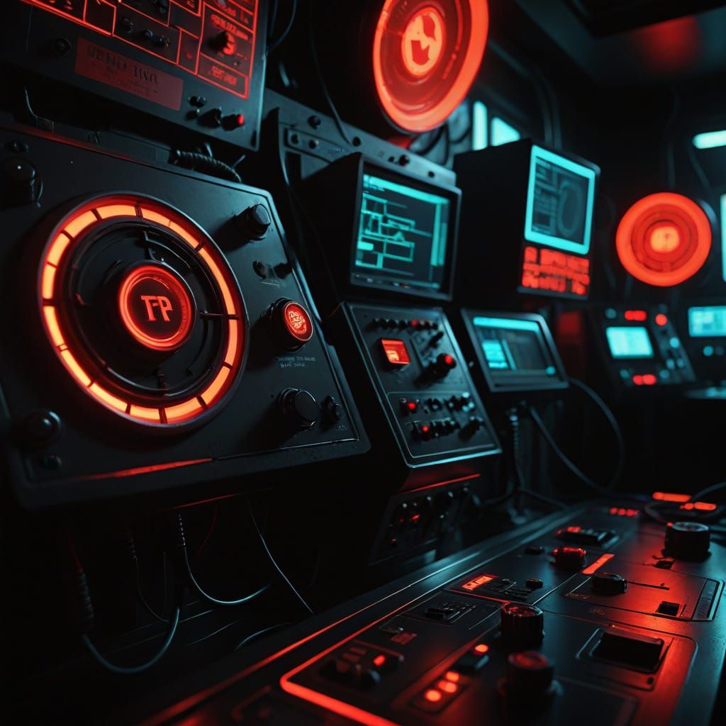 Futuristic Control Room with a Glowing Crimson Button