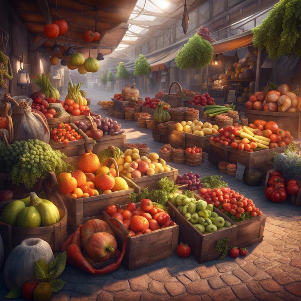 Vibrant Farmers Market in 3D Fantasy Realism
