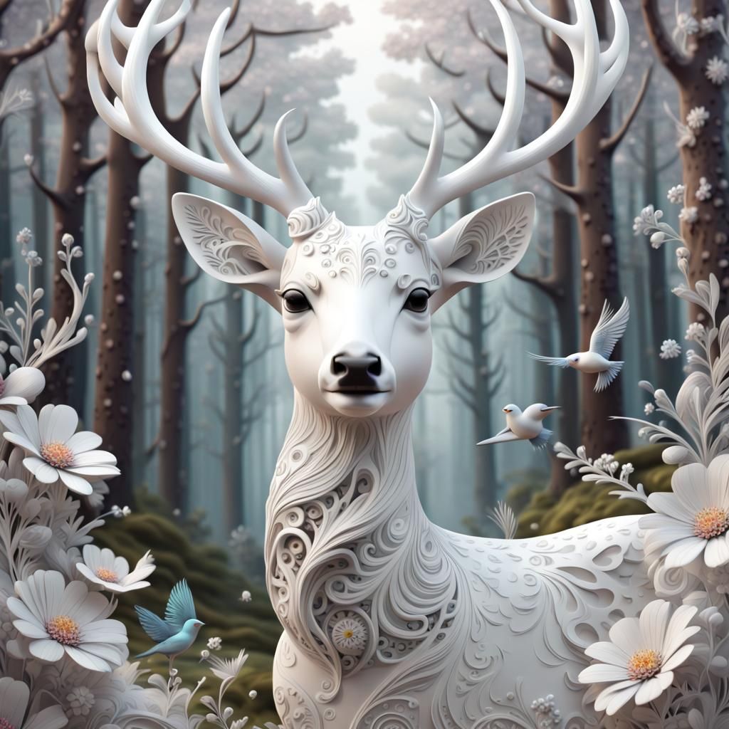 White Deer Portrait in Scandinavian Forest, 3D Render