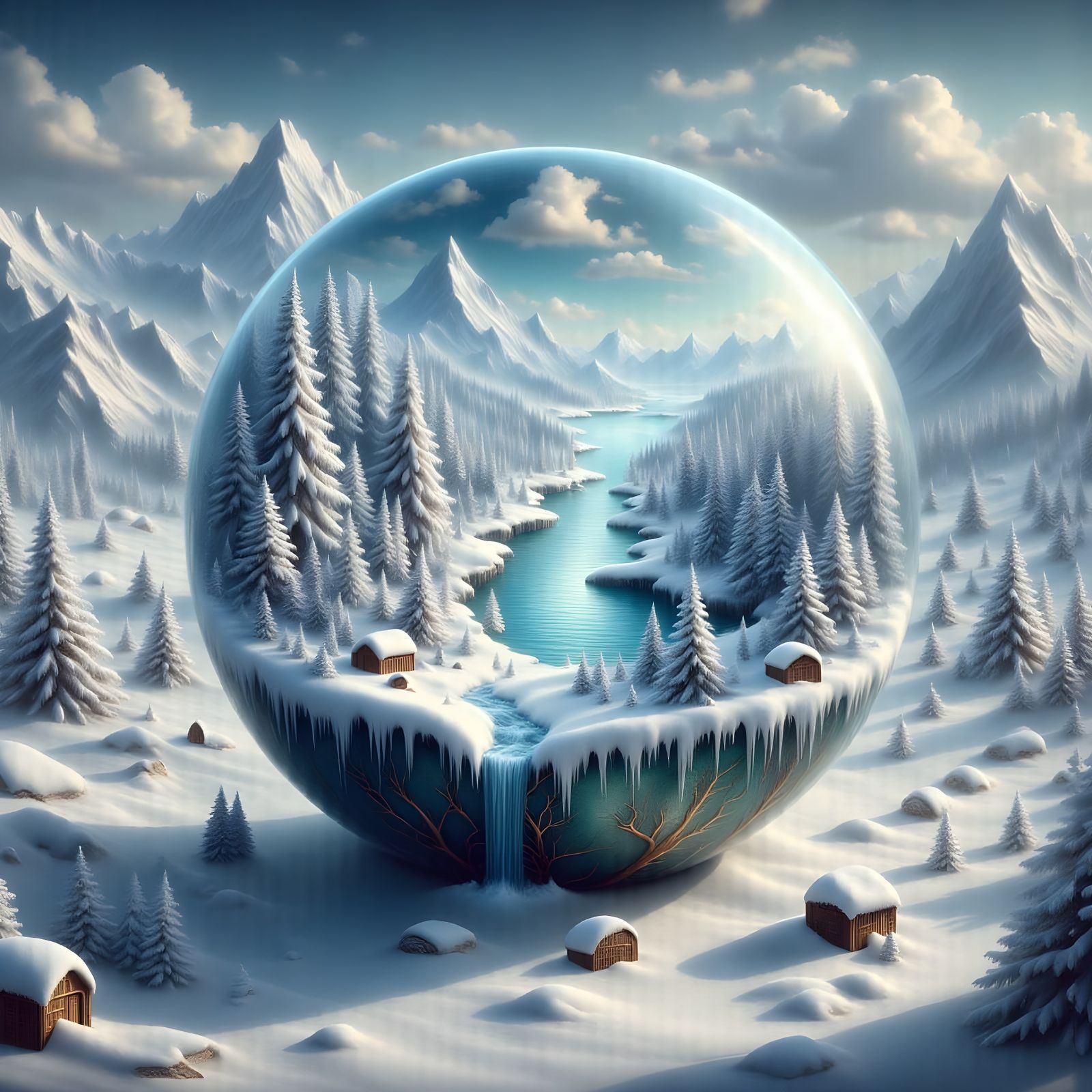 Giant Glass Orb With Forest Contrasts Snowy Tundra